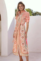 Paisley Print Single Breasted Midi Dress With Belt
