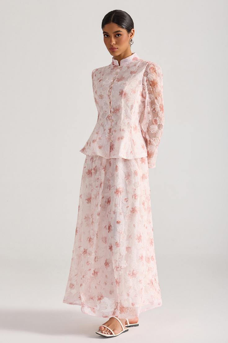 Floral Sequin Single Breasted Top & Maxi Skirt Set