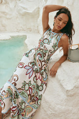 Paisley Print Lace-Up Sleeveless Midi Dress