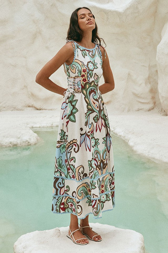 Paisley Print Lace-Up Sleeveless Midi Dress