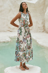 Paisley Print Lace-Up Sleeveless Midi Dress