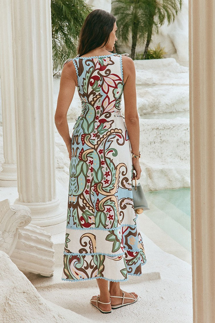 Paisley Print Lace-Up Sleeveless Midi Dress