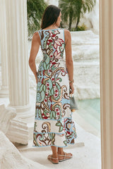 Paisley Print Lace-Up Sleeveless Midi Dress