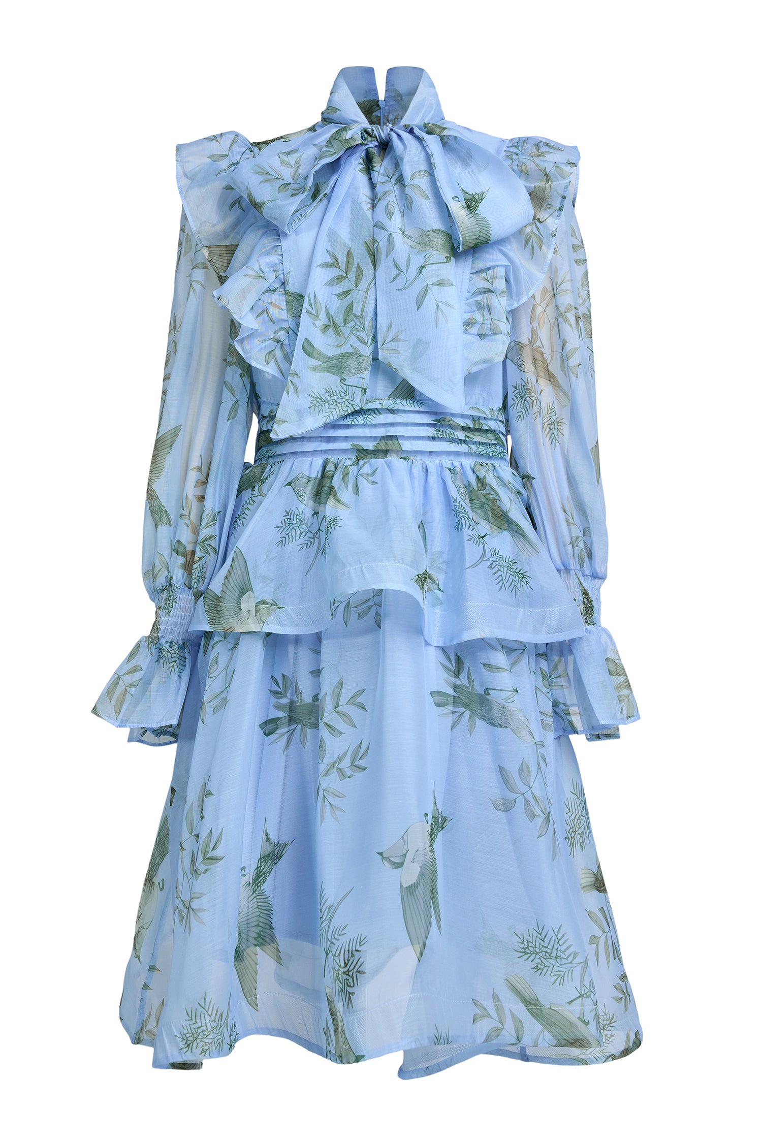 Bird Print Ruffle Lace-Up Mini Dress