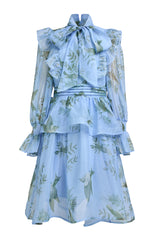 Bird Print Ruffle Lace-Up Mini Dress