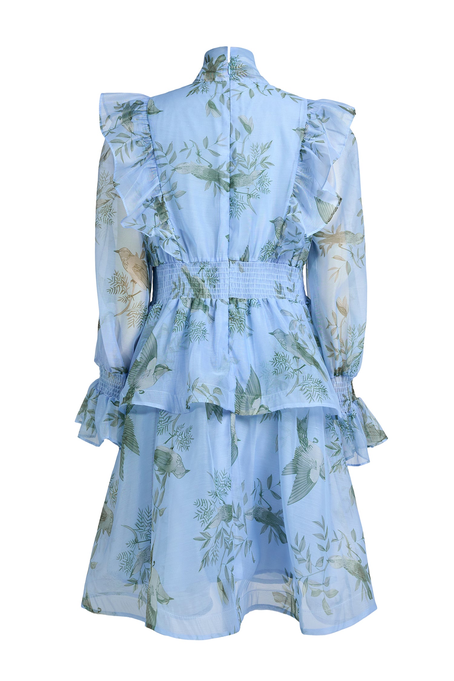 Bird Print Ruffle Lace-Up Mini Dress