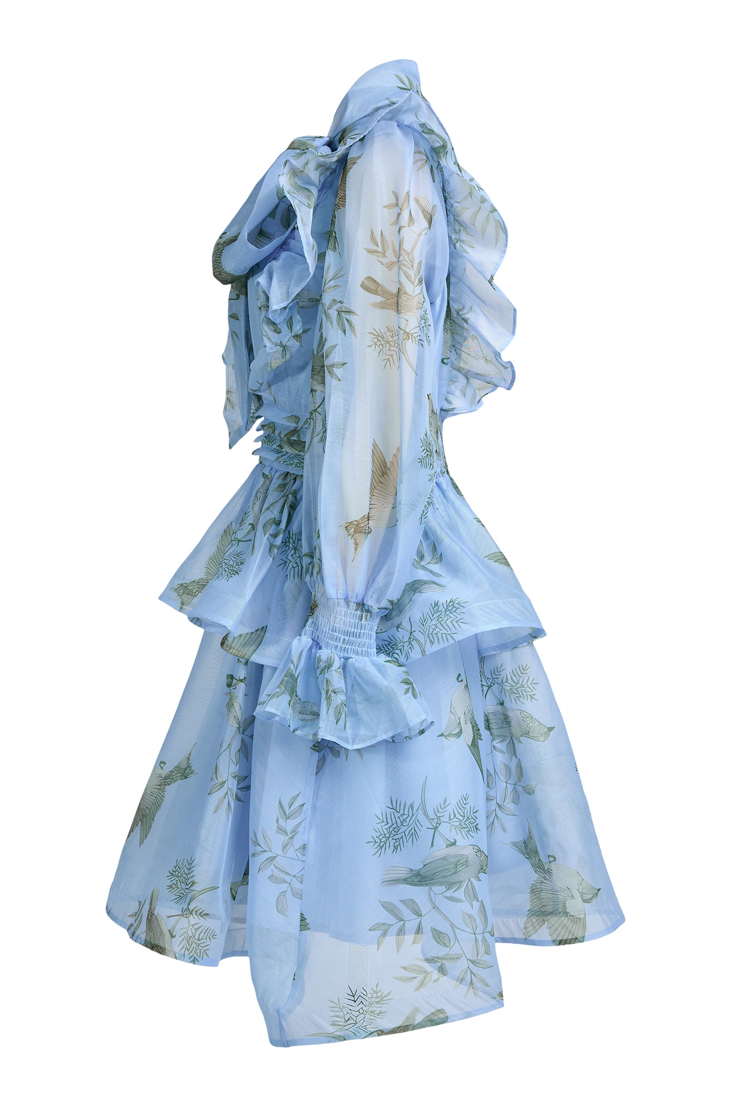 Bird Print Ruffle Lace-Up Mini Dress