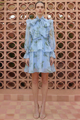 Bird Print Ruffle Lace-Up Mini Dress