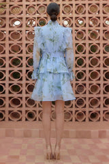 Bird Print Ruffle Lace-Up Mini Dress