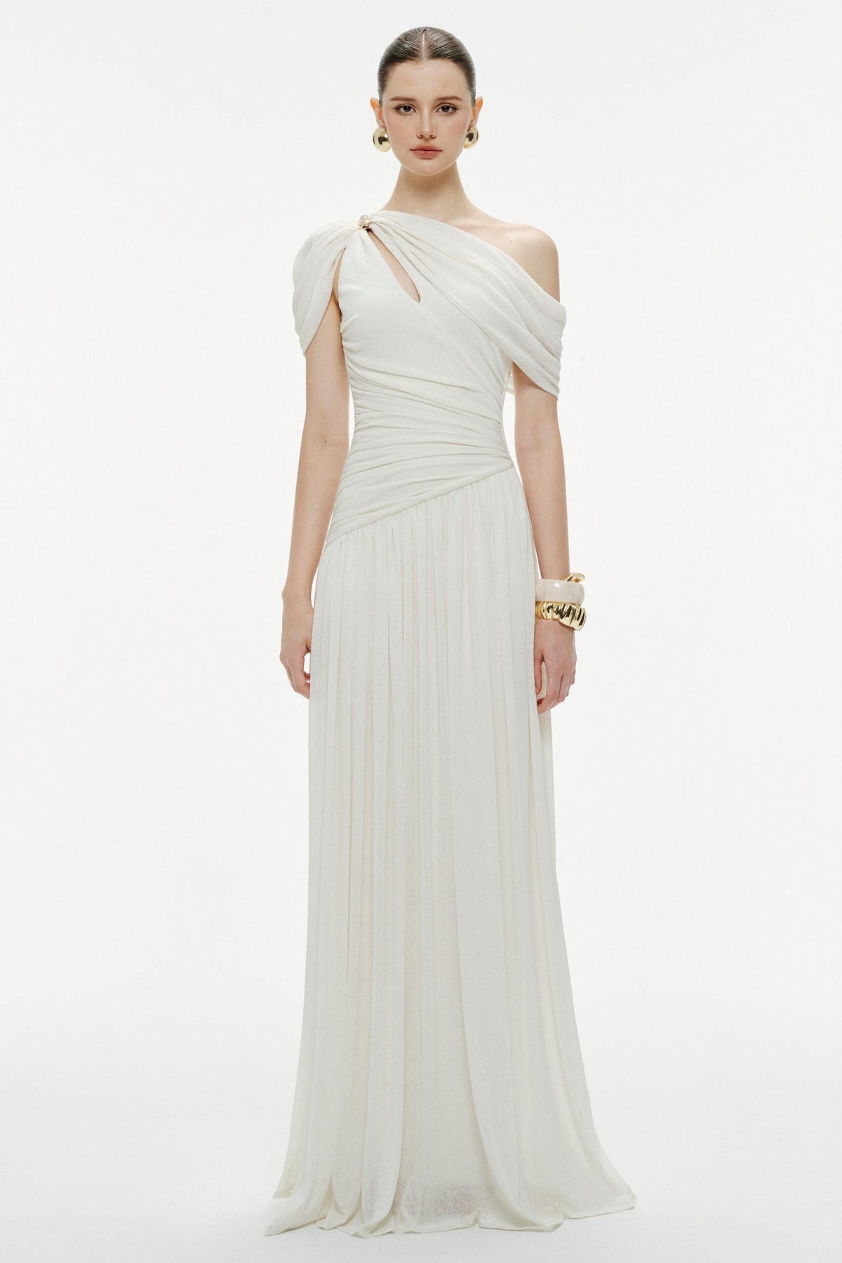 Solid One Shoulder Cape Sleeve Maxi Dress