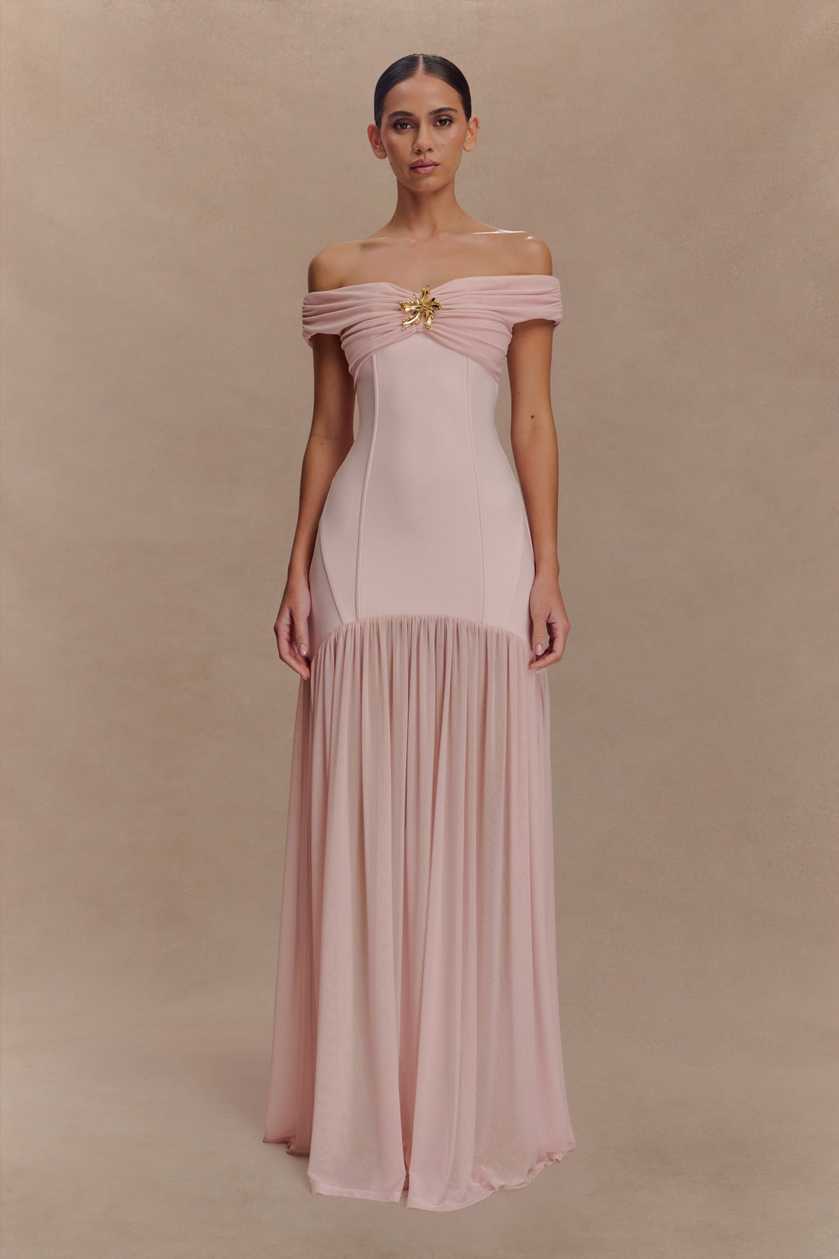 Mesh Splicing Jersey Off-Shoulder Maxi Dress