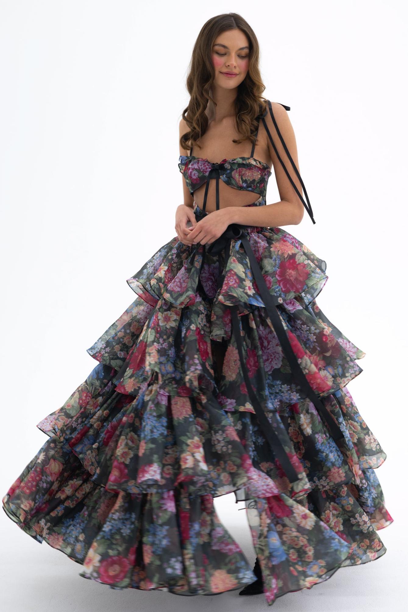 Floral Cut-Out Ruffle Mini Dress With Wrap Skirt Two Piece Set