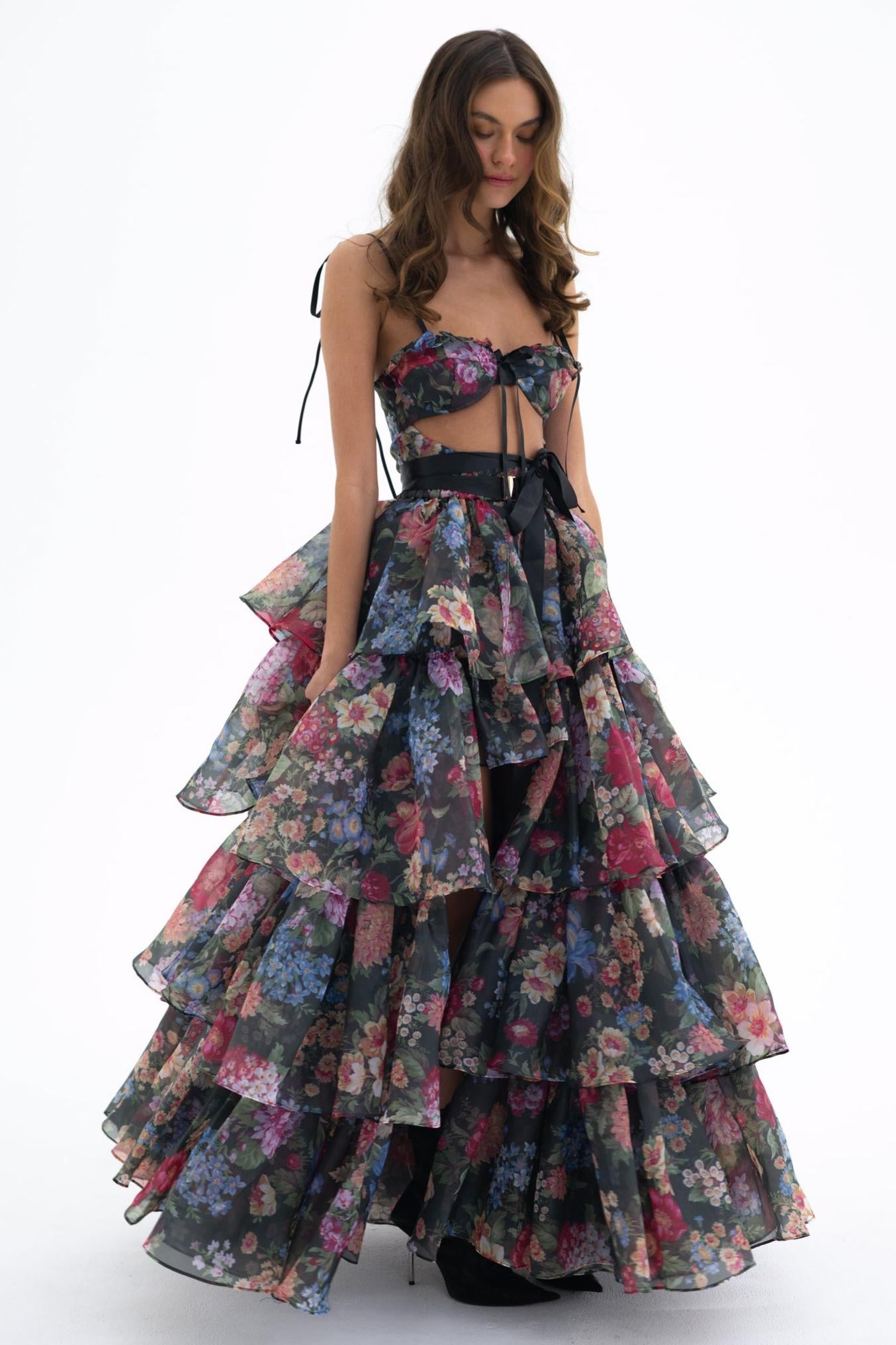 Floral Cut-Out Ruffle Mini Dress With Wrap Skirt Two Piece Set