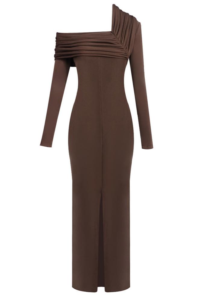 Solid One Shoulder Gathering Slit Maxi Dress
