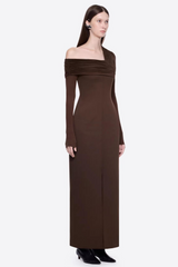 Solid One Shoulder Gathering Slit Maxi Dress