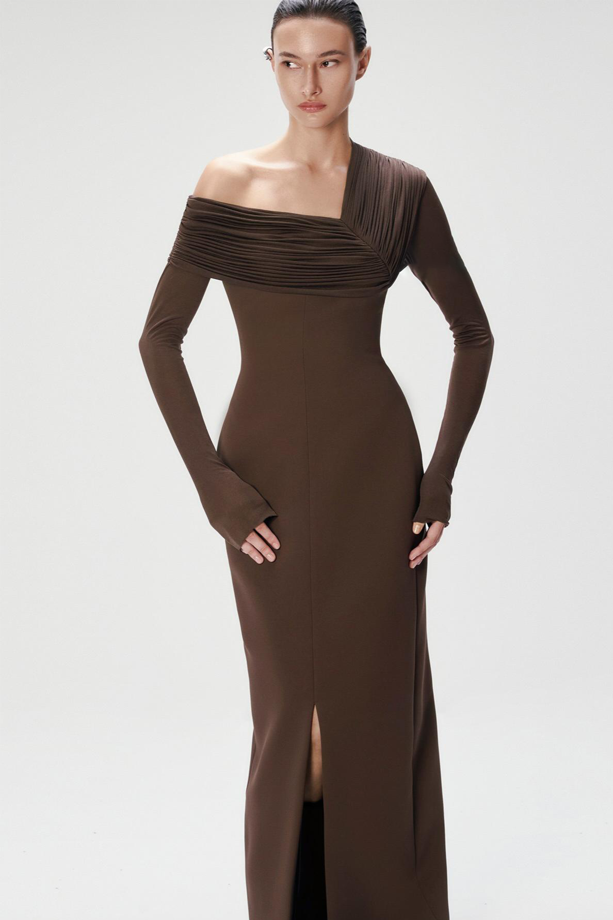 Solid One Shoulder Gathering Slit Maxi Dress