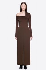 Solid One Shoulder Gathering Slit Maxi Dress