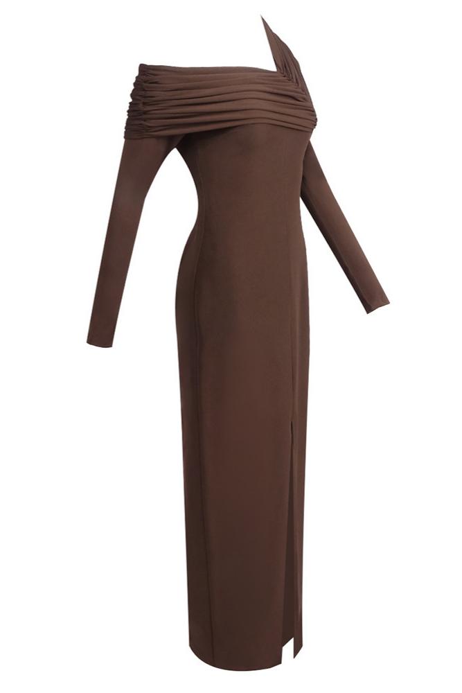 Solid One Shoulder Gathering Slit Maxi Dress