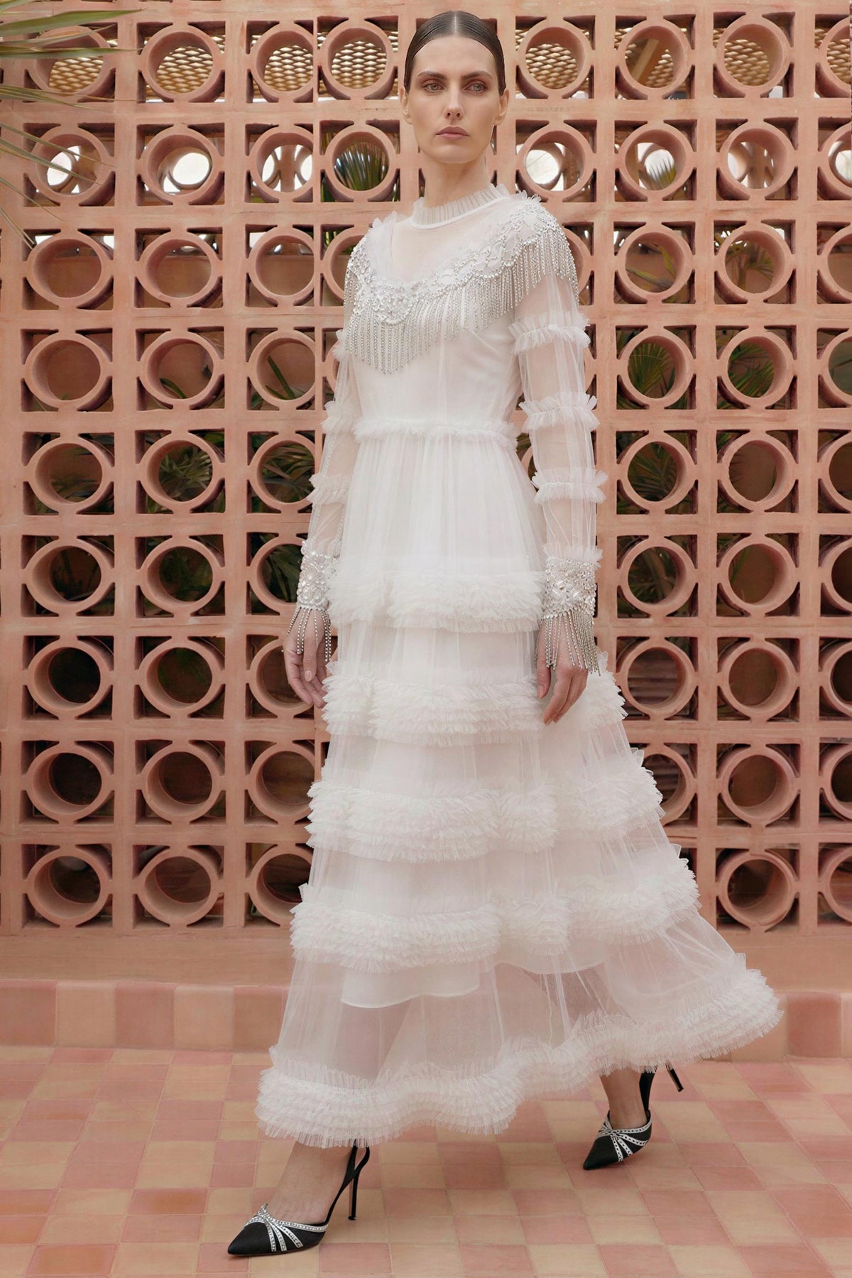 Beaded Frill Round Neck Midi Dress