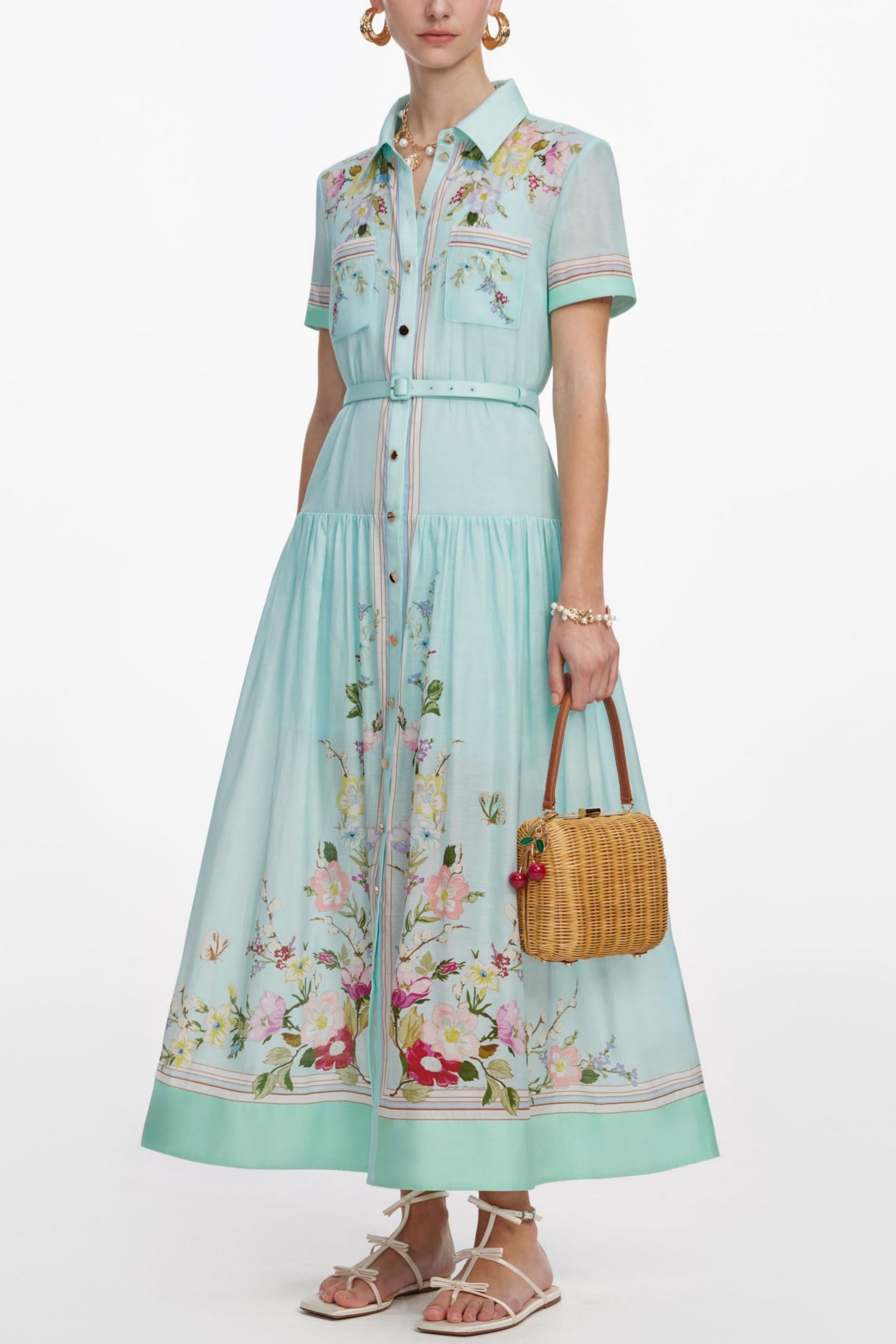 Floral Single Breasted Midi Dress With Belt