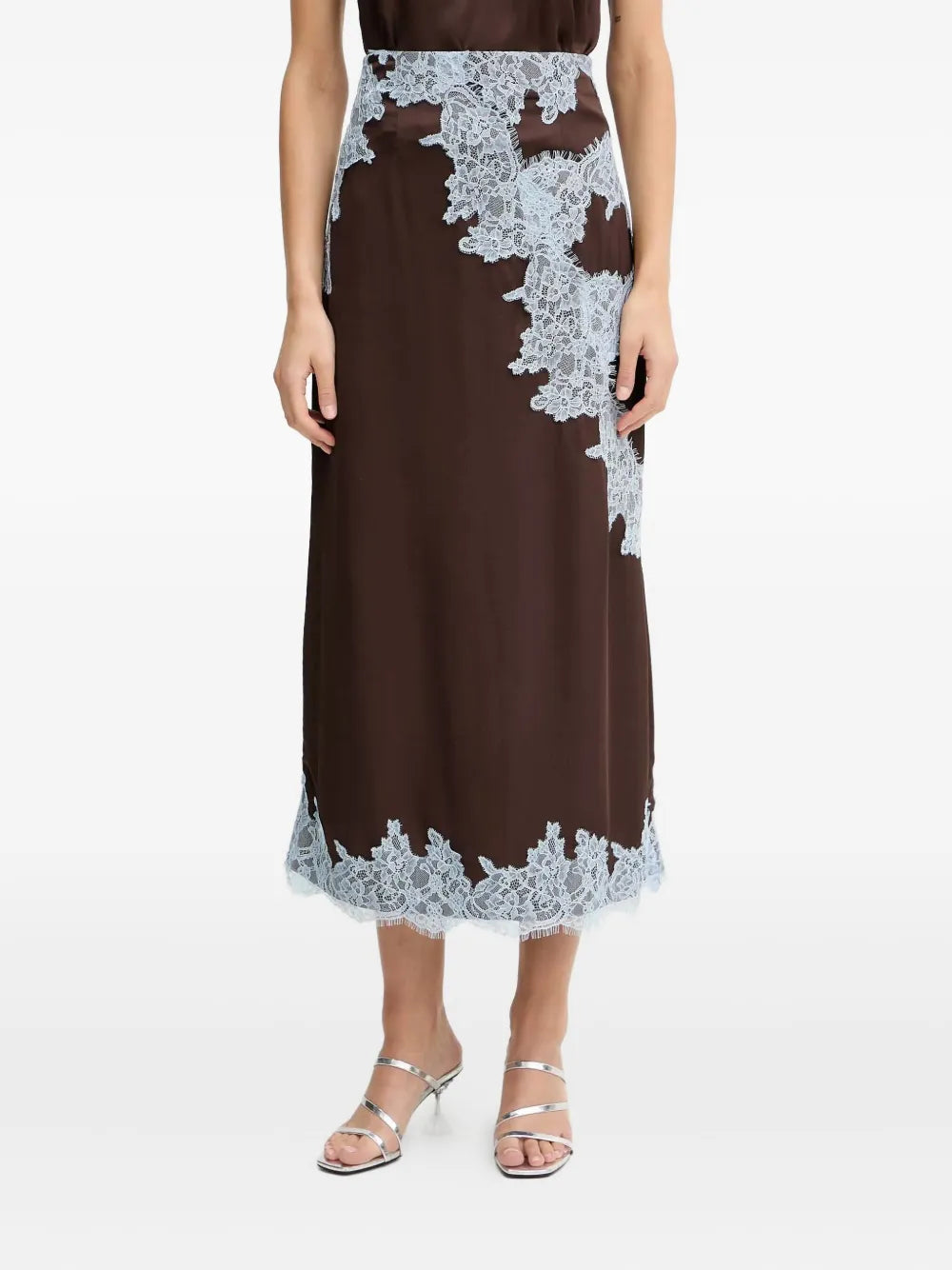 Satin Lace Top & High Waist Midi Skirt Set