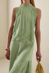 Lace Splicing Satin Top & Midi Skirt Set