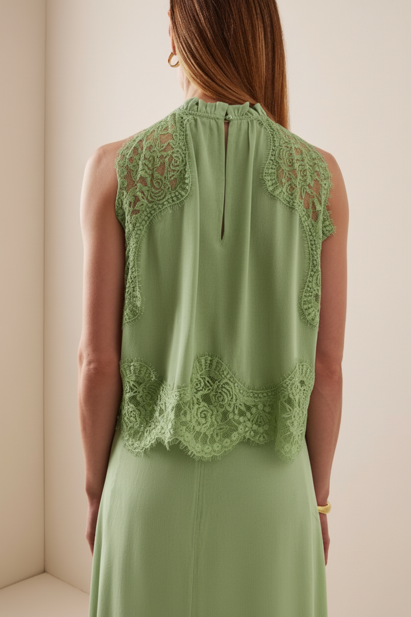 Lace Splicing Satin Top & Midi Skirt Set