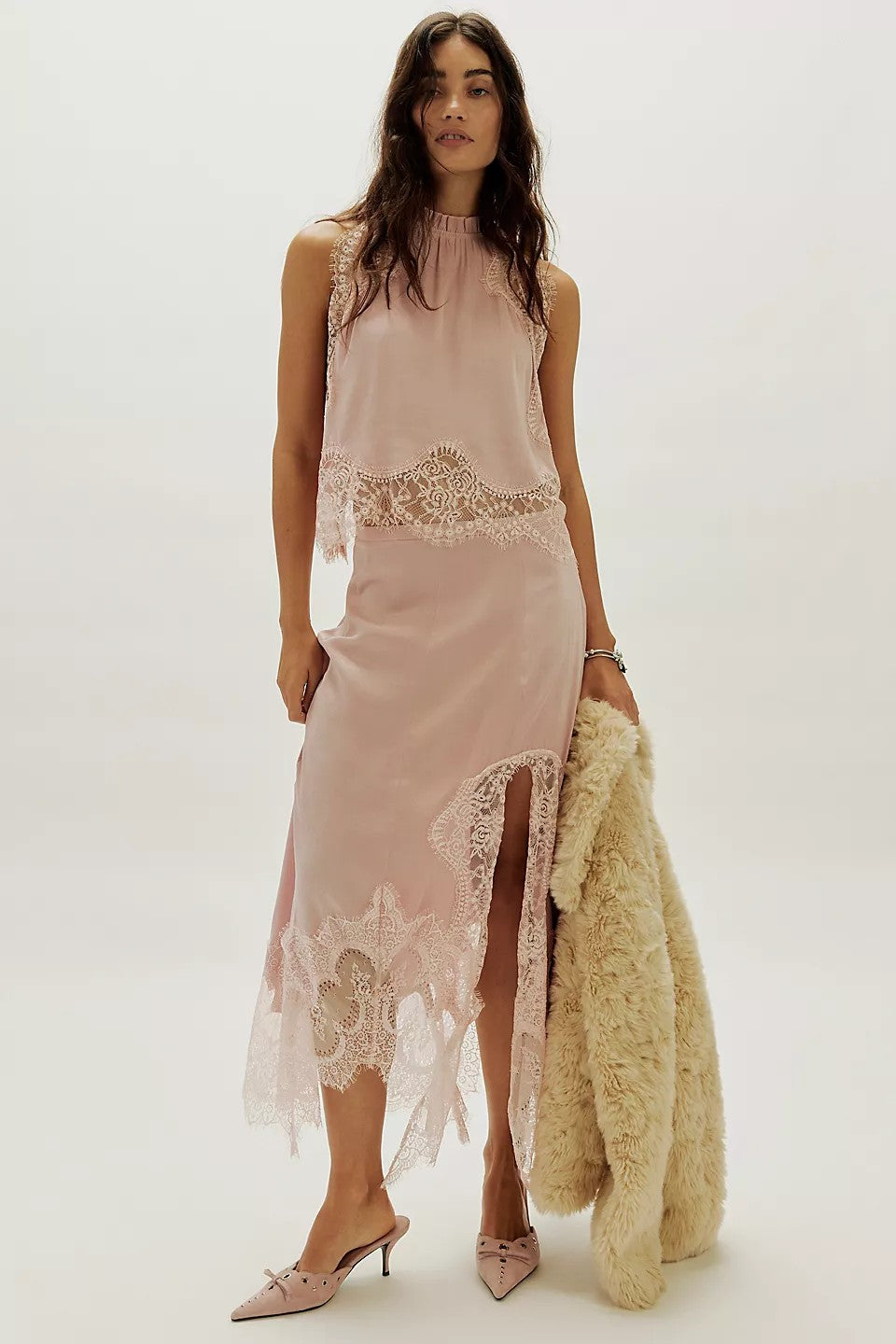 Lace Splicing Satin Top & Midi Skirt Set