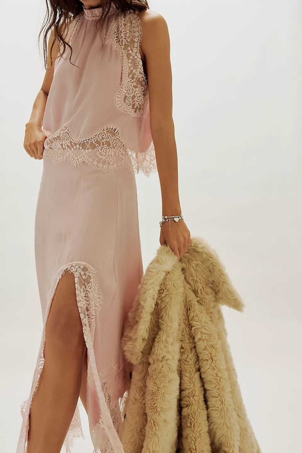 Lace Splicing Satin Top & Midi Skirt Set