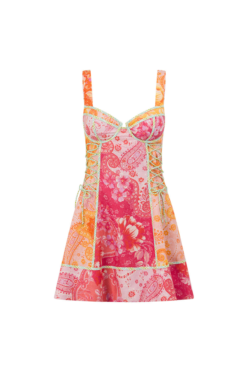 Paisley Print Lace-Up Sweetheart Neck Mini Dress