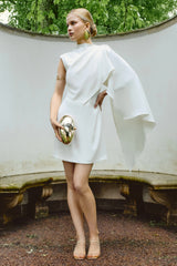 Satin Asymmetrical Cape Ruched Mini Dress