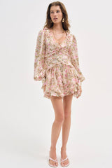 Floral Frill Lantern Sleeve Mini Dress