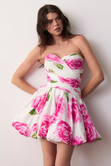 Floral Pleated Strapless Mini Dress