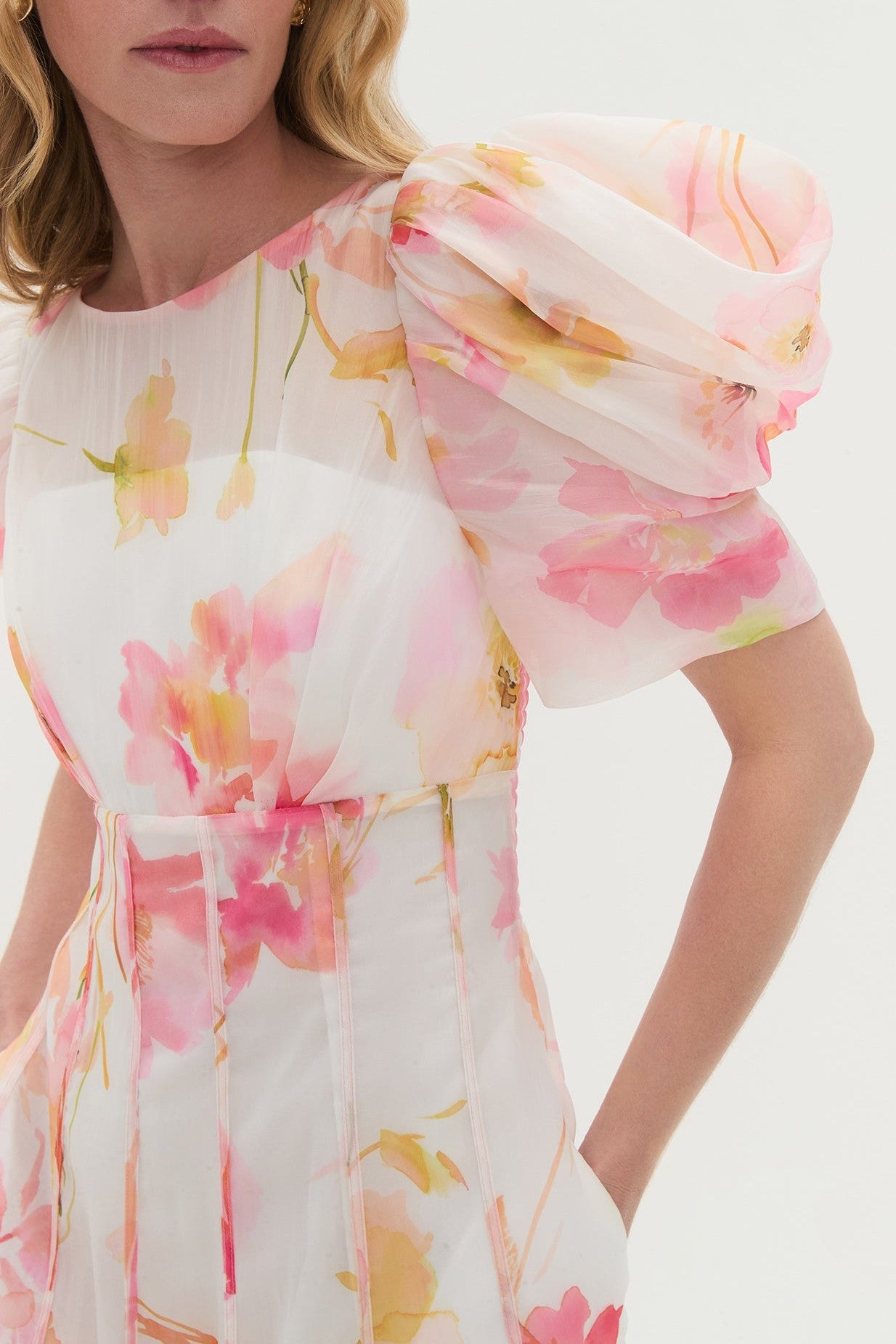 Floral Puff Sleeve Ruched Midi Dress