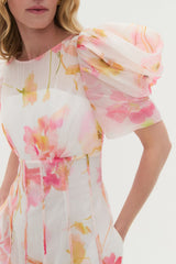 Floral Puff Sleeve Ruched Midi Dress