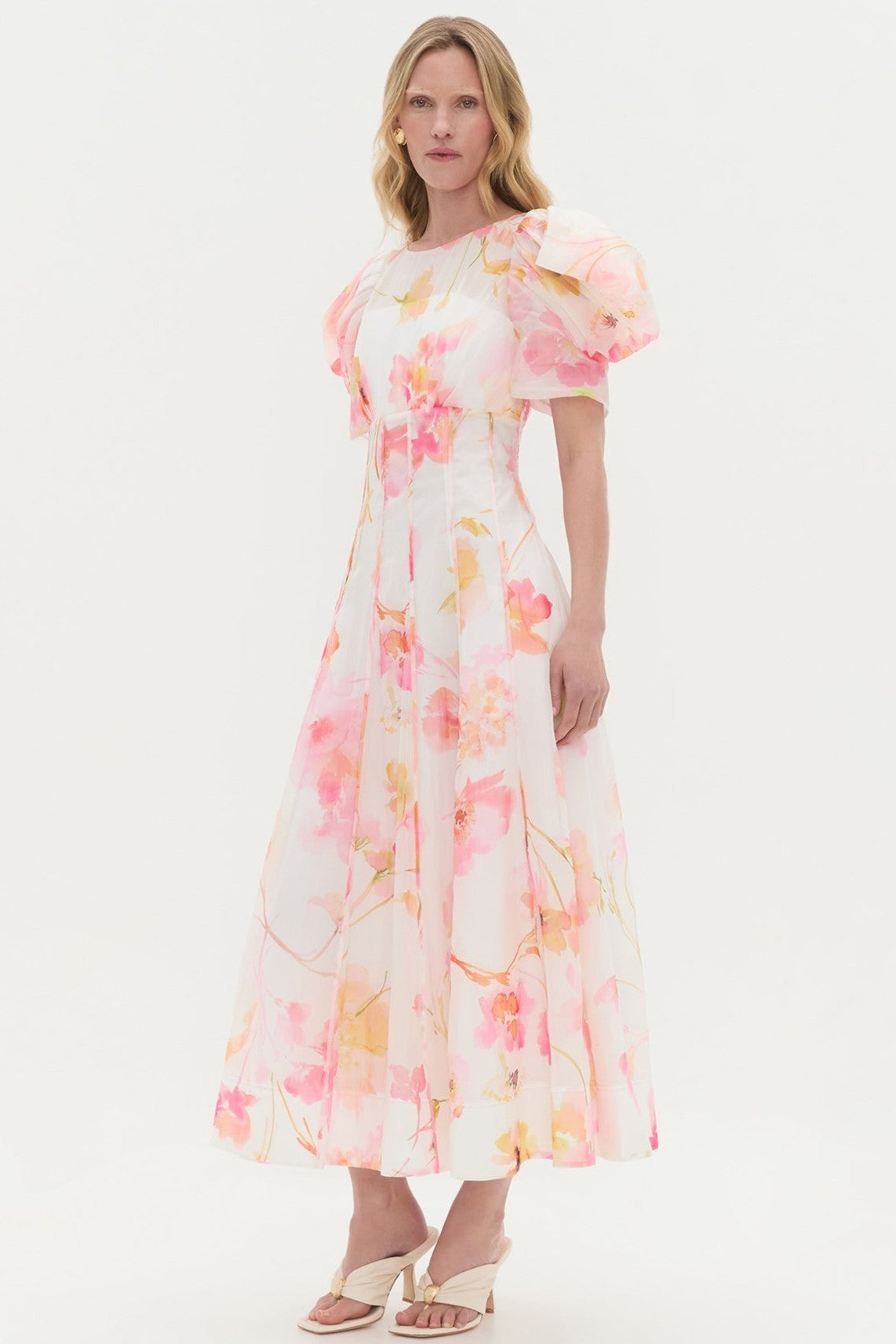 Floral Puff Sleeve Ruched Midi Dress
