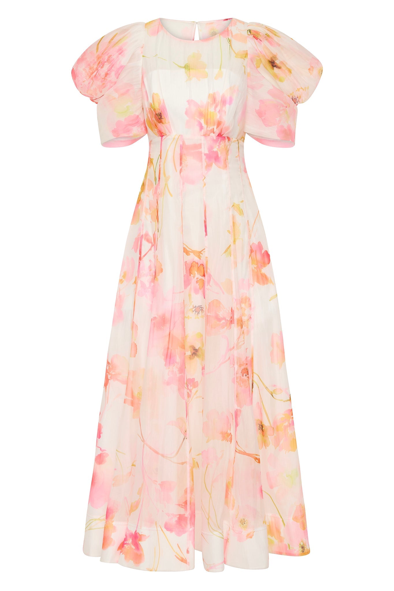 Floral Puff Sleeve Ruched Midi Dress