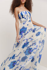 Floral Pleated Strapless Maxi Dress