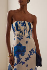 Floral Pleated Strapless Maxi Dress