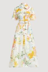 Floral Metal Button Midi Dress With Belt