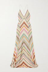 Crochet Stripe Backless Maxi Dress
