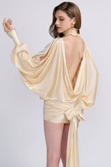 Batwing Sleeve Gathering Backless Mini Dress