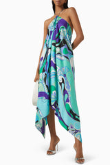 Abstract Print Metal Chain Backless Midi Dress