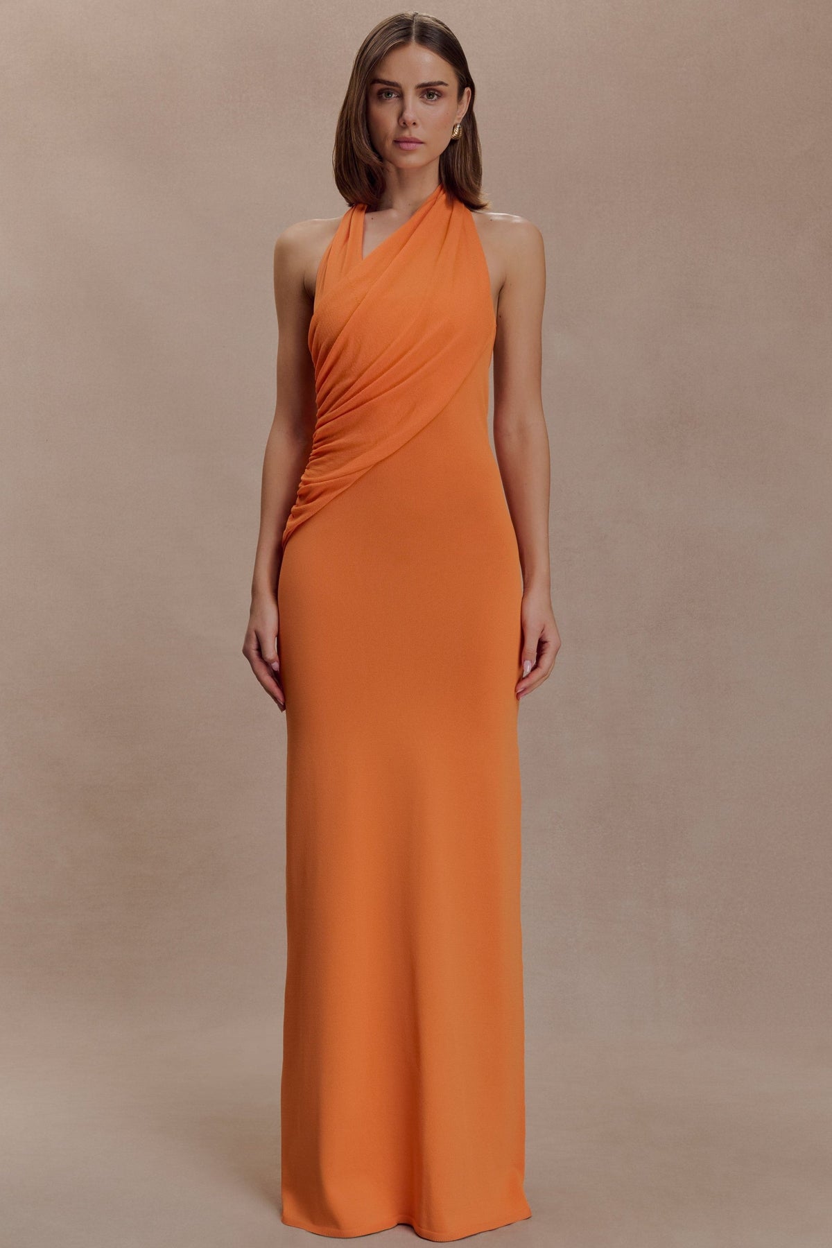 Solid Asymmetrical Neck Gathering Maxi Dress