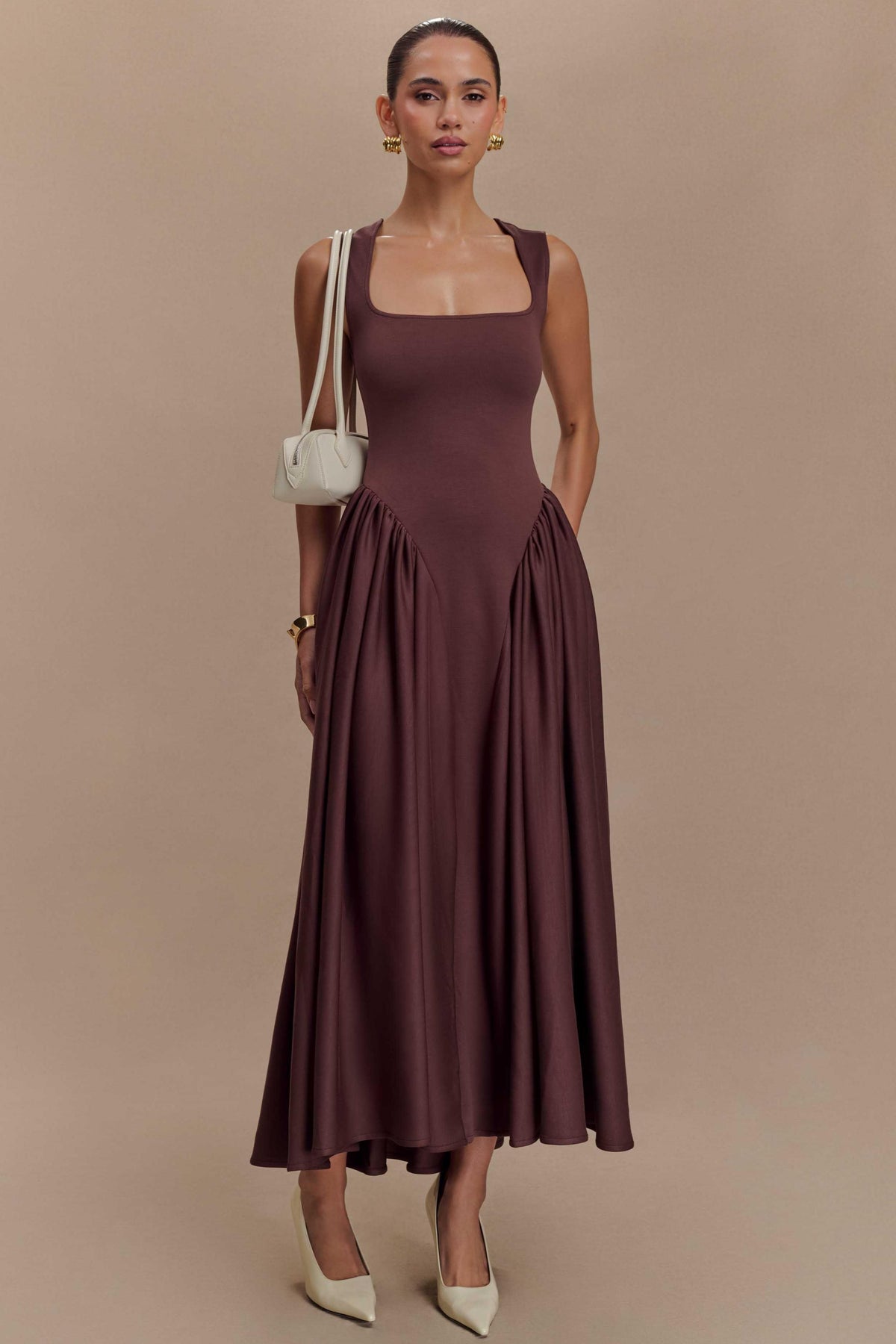 Solid Square Collar Gathering Midi Dress