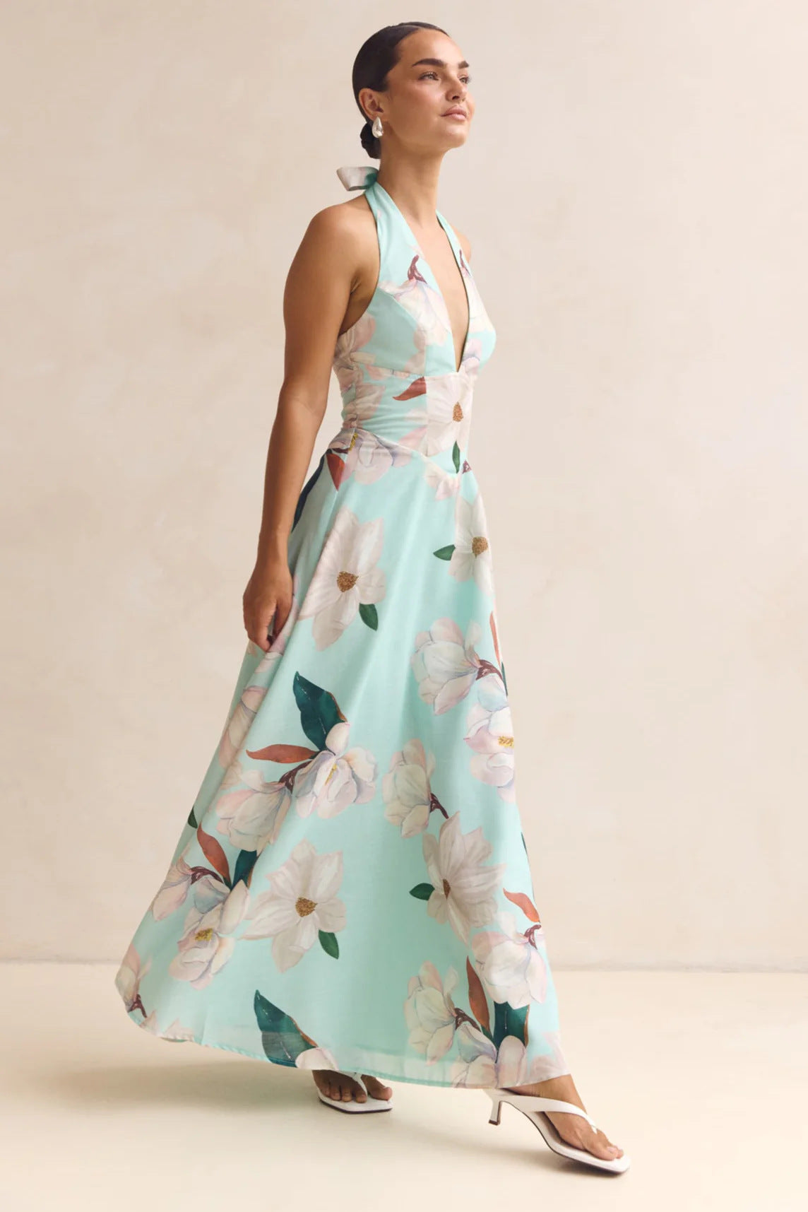 Floral Halter Neck Tie-Up Maxi Dress