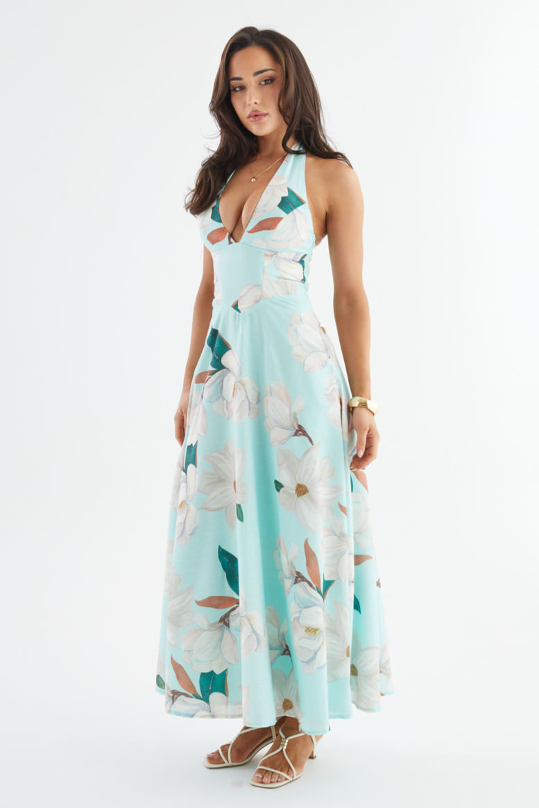Floral Halter Neck Tie-Up Maxi Dress