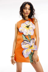 Appliquéd Round Neck Sleeveless Mini Dress