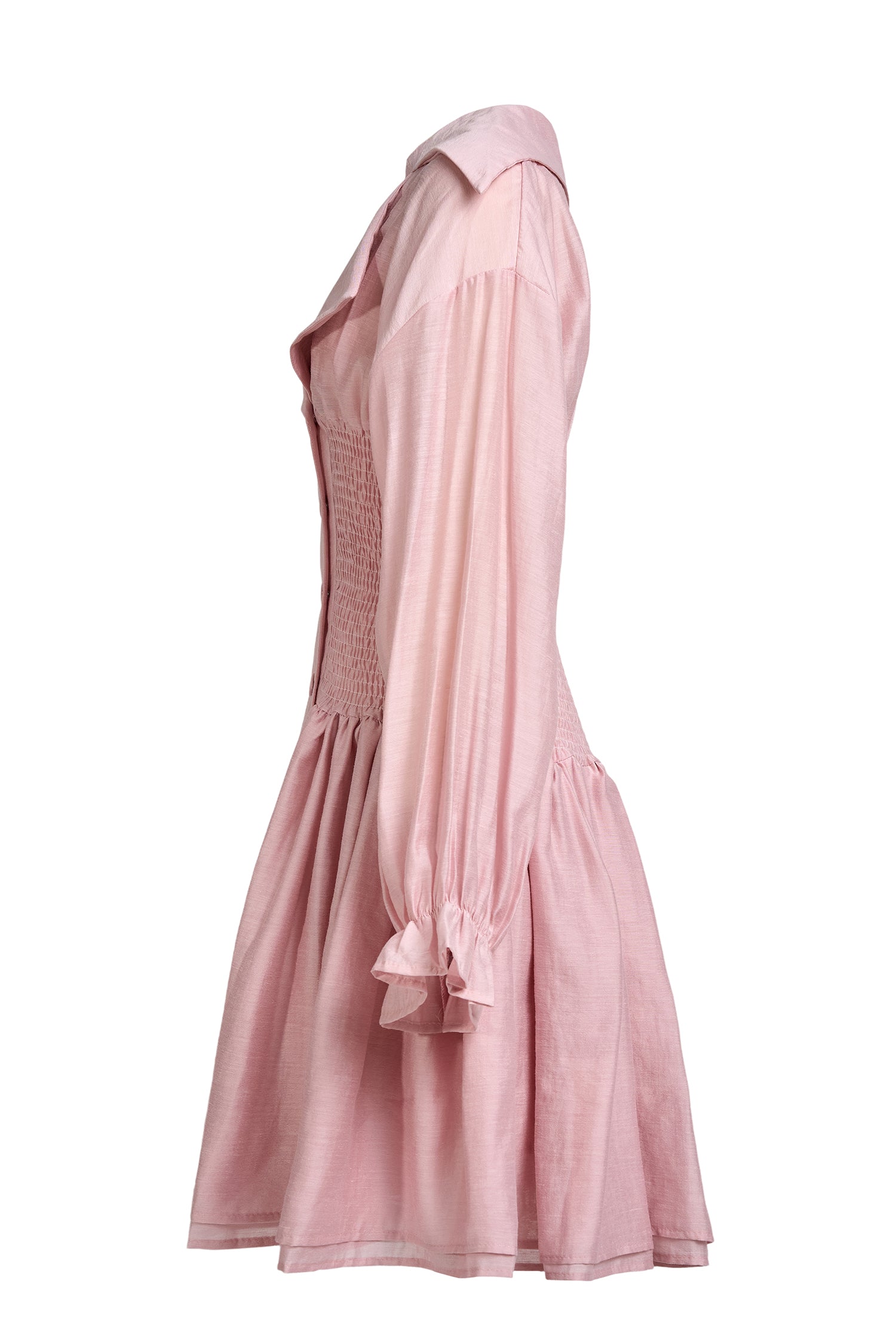 Solid Smocking Long Sleeve Mini Dress