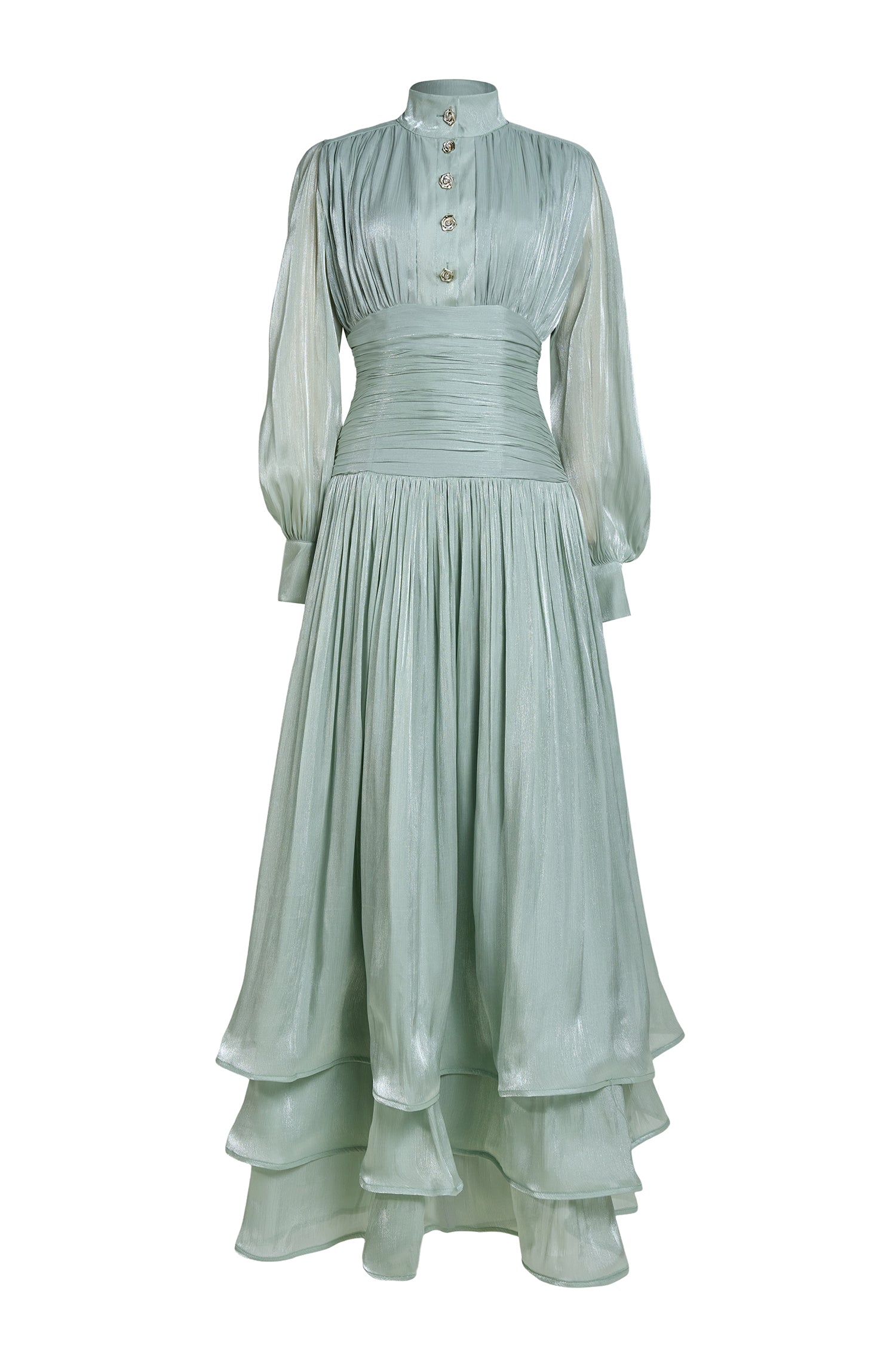 Satin Ruffle Lantern Sleeve Midi Dress